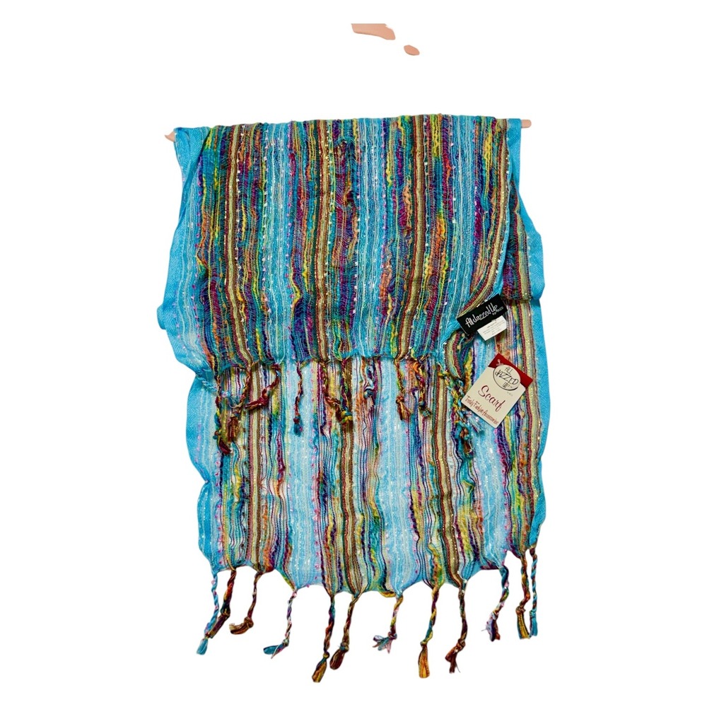NEW All Jazzed Up by RCS Womens Scarf Turquoise Multi Color Striped Tassel Trim